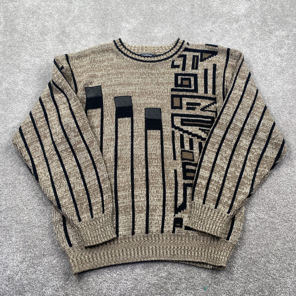 Atlantic Traders Sweater Mens XL Tan Black Vintage 90s Geometric Leather Trim